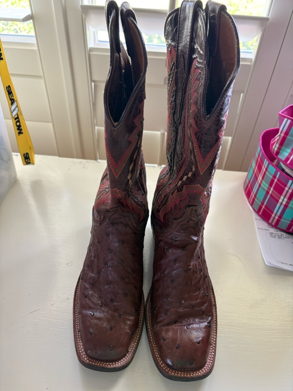 Lucchese Brown Leather Ostrich-Style Western Heeled Boots with Red Stitching